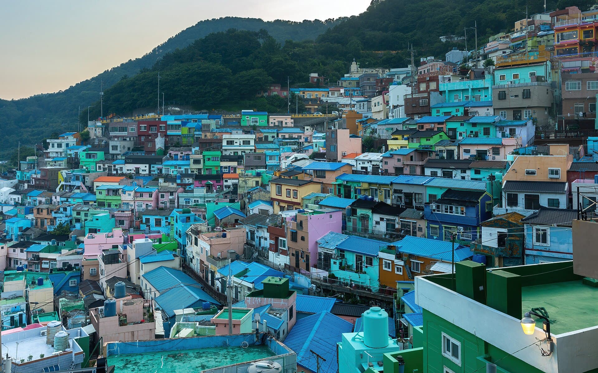 Colorful houses in Gamcheon Culture Village at sunset in Busan South Korea