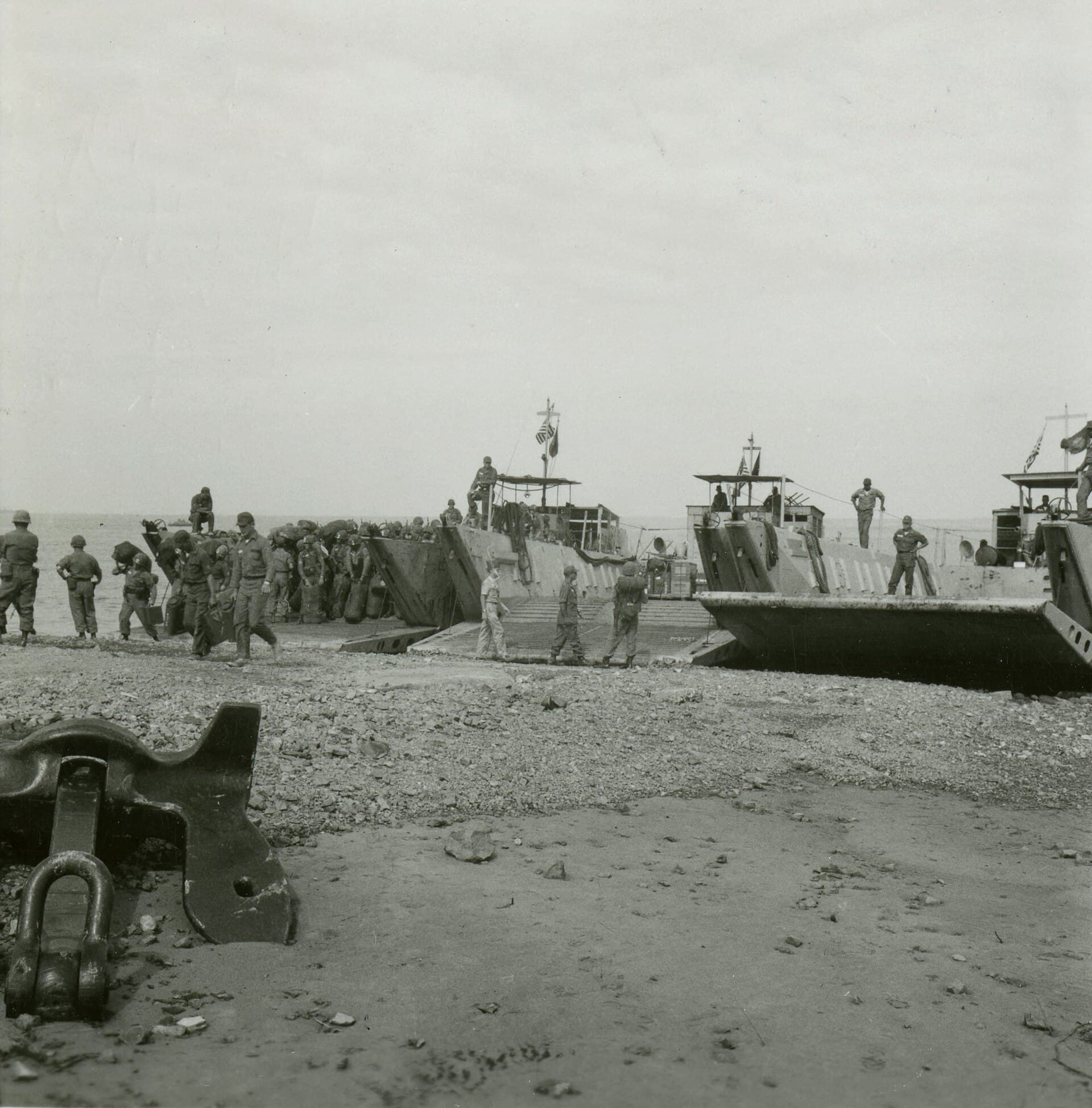 Three LCMs at the beach at Vung Tau unloading elements of the 25th Infantry Division
